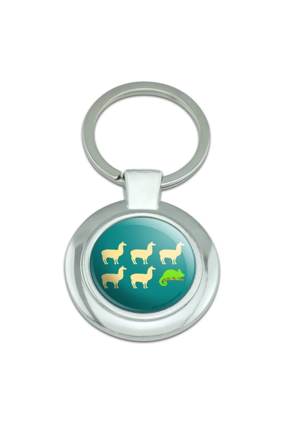 Llama Chameleon Funny Humor Keychain Classy Round Chrome Plated Metal