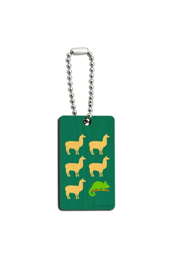 Llama Chameleon Funny Humor Wood Wooden Rectangle Keychain Key Ring