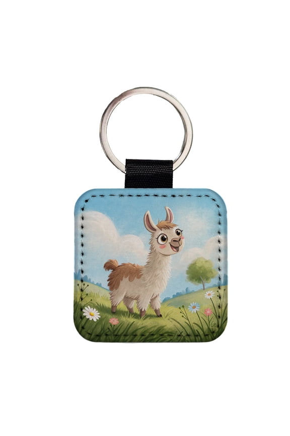 Llama Children's Illustration Style Faux Leather Square Keychain