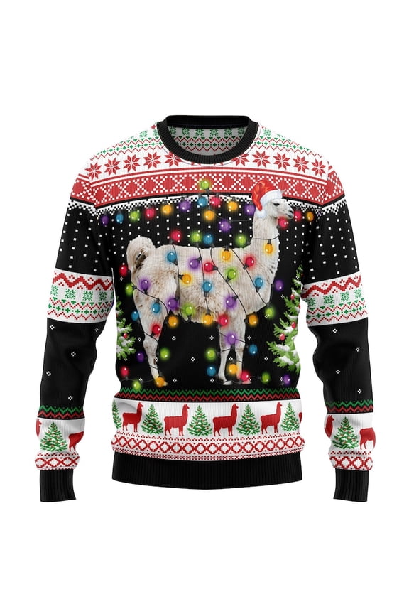 Llama Christmas Sweater, Alpaca Ugly Xmas Sweatshirt, Holiday Lights Farm Animal Sweater, Llama Lover Christmas Gift