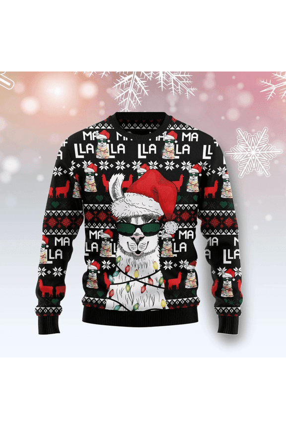 Llama Christmas Sweater Cool Llama With Sunglasses Christmas Hat Light Black Sweater
