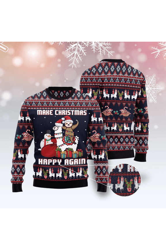Llama Christmas Ugly Sweater Llama and Sloth Make Christmas Happy Again Sweater