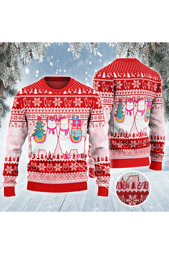 Llama Christmas Ugly Sweater Two Llama With Christmas Tree And Presents Red White Sweater