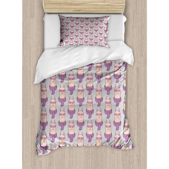 Llama Duvet Cover Set, Funny Hipster Camels Glasses and Scarf Urban Alpaca Graphic Composition, Decorative 2 Piece Bedding Set with 1 Pillow Shams, Twin Size, Lilac Peach and Dust, by Ambesonne