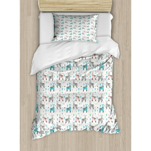 Llama Duvet Cover Set Twin Size, Illustration of Cactus Plants and Animal with Orient Ornaments Ethnic, Decorative 2 Piece Bedding Set with 1 Pillow Sham, Multicolor, by Ambesonne