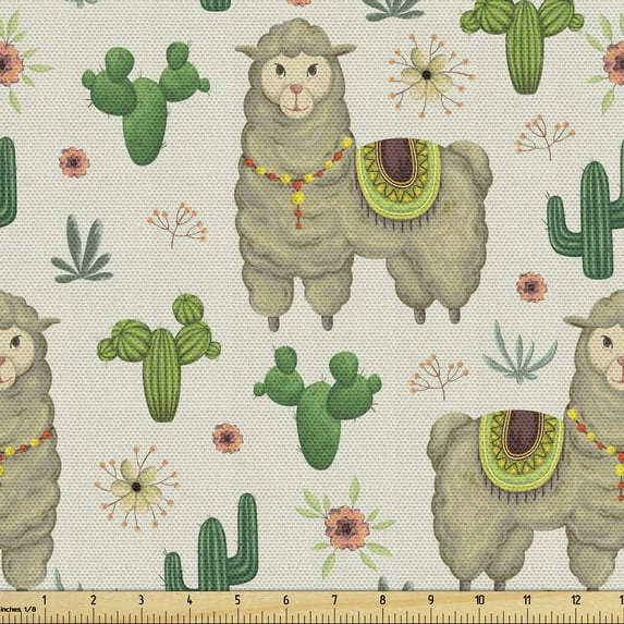 Ambesonne Llama Fabric by the Yard Upholstery, Flora and Fauna Motifs, 3 Yards, Multicolor