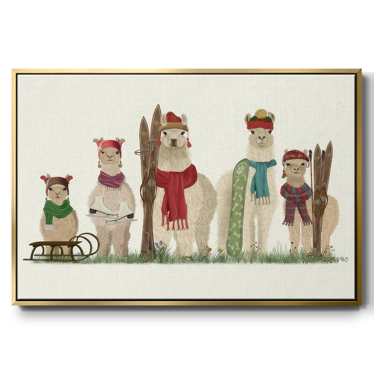 Llama Family Winter Sports - Framed Gallery Wrapped Holiday Canvas - 17 x 25 - Gold Frame