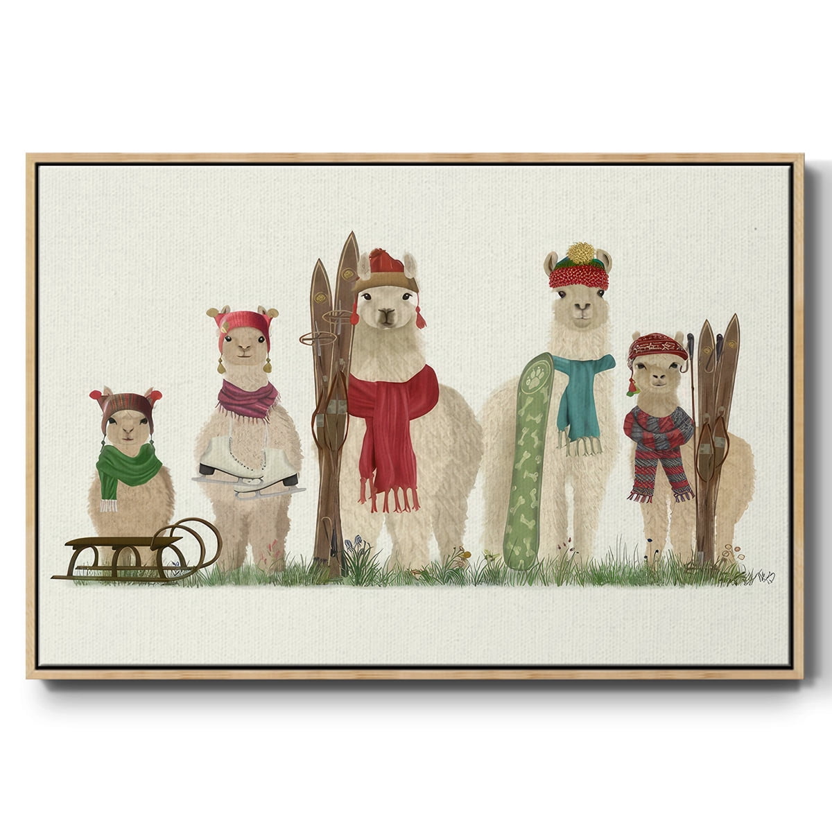 Llama Family Winter Sports - Framed Gallery Wrapped Holiday Canvas - 17 x 25 - Natural Wood Frame
