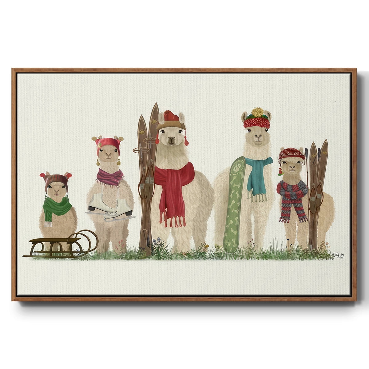 Llama Family Winter Sports - Framed Gallery Wrapped Holiday Canvas - 25 x 37 - Rosewood Frame