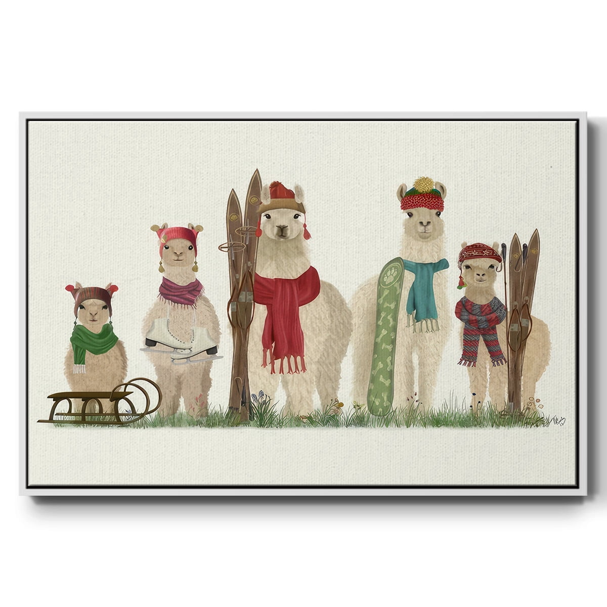 Llama Family Winter Sports - Framed Gallery Wrapped Holiday Canvas - 27 x 41 - White Frame