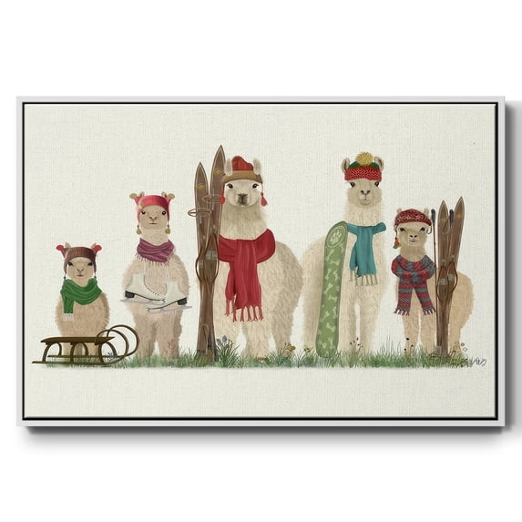 Llama Family Winter Sports - Framed Gallery Wrapped Holiday Canvas - 27 x 41 - White Frame