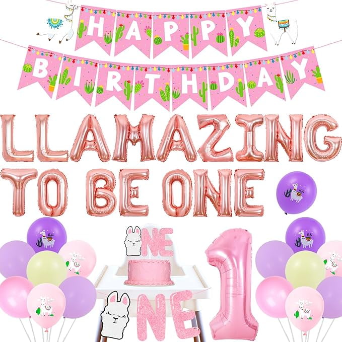 Llama First Birthday Decoration, 1st Birthday Whole Llama Fun Party Supplies, Llama One Cake Topper, Cactus Birthday Banner, Llamazing To Be One Balloons for Girls Alpaca Birthday Decor
