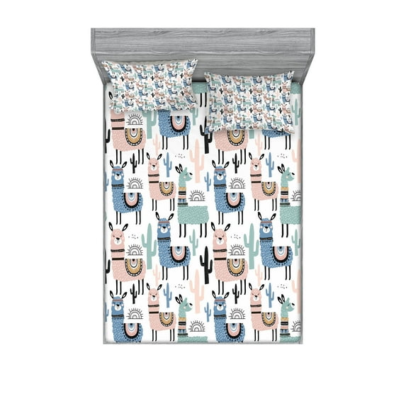 Llama Fitted Sheet & Pillow Sham Set, Cartoon Style Hand Drawn South American Animals Alpacas and Llamas Design, Decorative Printed 6 Piece Bedding Decor Set, Calking, Multicolor, by Ambesonne