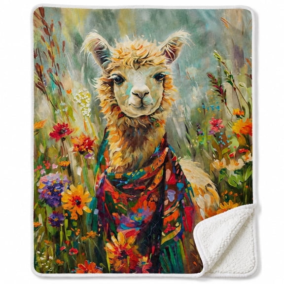Llama Floral Sherpa Blanket, Soft Polyester Fleece Throw
