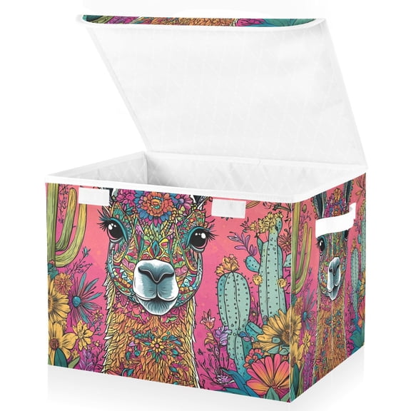 Llama Flowers Storage Basket for Shelves Foldable Container Organizer for Organizing Toys Clothes Books with Handles
