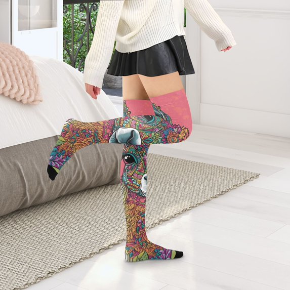 Llama Flowers Womens Thigh High Stocks Over Knee High Socks Thigh Tigh Boot Stockings