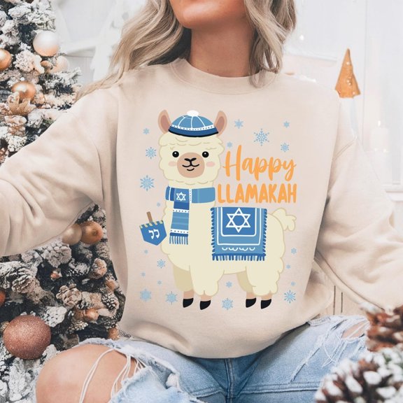 Llama Hanukkah Sweatshirt, Happy Llamakah Humor Print, Menorah Design, Jewish Holiday Theme, Unisex Adult, Casual Everyday Wear, SIZE S-4XL Sand
