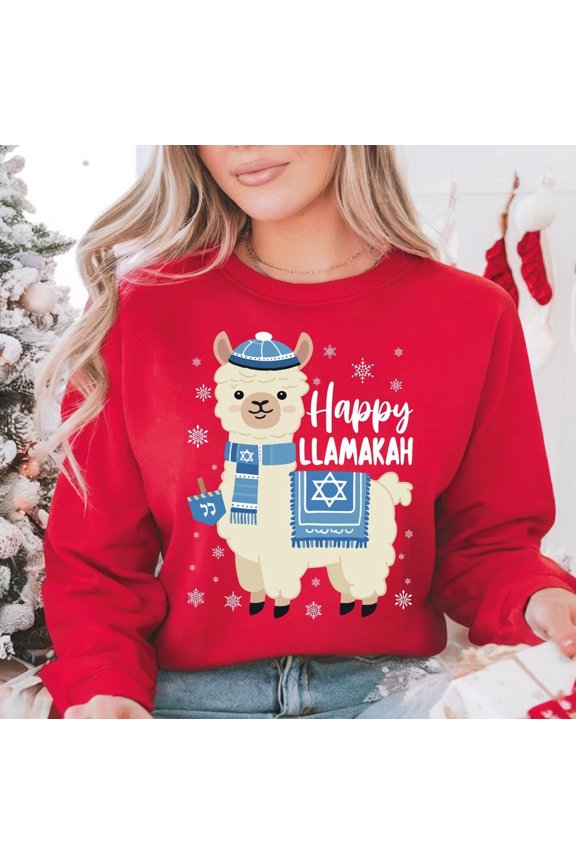 Llama Hanukkah Sweatshirt, Happy Llamakah Humor Print, Menorah Design, Jewish Holiday Theme, Unisex Adult, Casual Everyday Wear, SIZE S-4XL