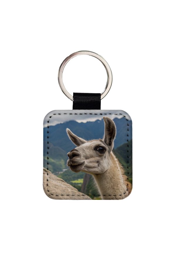 Llama Highlands Faux Leather Square Keychain