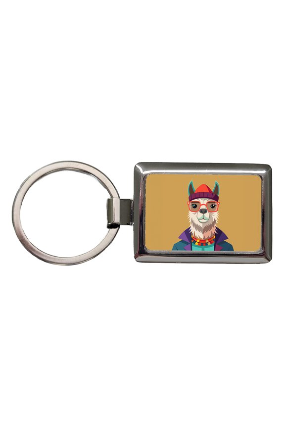 Llama Hipster Funny Wearing Glasses Hat Metal Rectangle Keychain