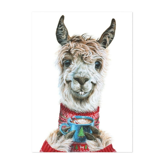 Llama Latte Christmas - Painting Humor Winter Animal Llama Unframed Wall Art Print 12 x 18 inches