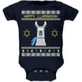 thumbnail image 1 of Llama Llamakkah Ugly Hanukkah Sweater Navy Soft Baby One Piece - 18 month, 1 of 1