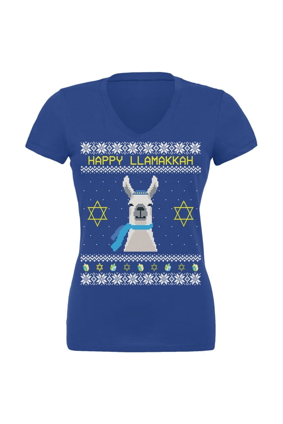 Llama Llamakkah Ugly Hanukkah Sweater Royal Juniors V-Neck T-Shirt - Large