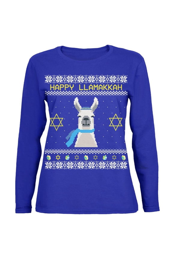 Llama Llamakkah Ugly Hanukkah Sweater Royal Womens Long Sleeve T Shirt Royal SM