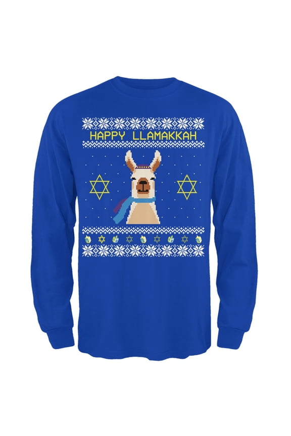 Llama Llamakkuh Ugly Hanukkah Sweater Adult Long Sleeve T-Shirt - Medium