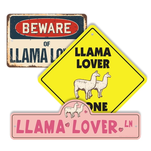 Llama Lover (3 Pack) Plastic Street Sign Crossing Sign Warning Sign Vintage Rustic Beware Warning Xing Animal Farm Pet Cute Funny Nature Decor Rustic Companion Love Outdoors