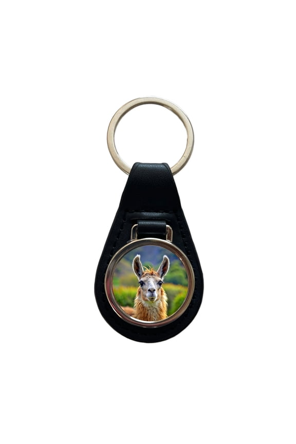 Llama Metal Black Leather Keychain