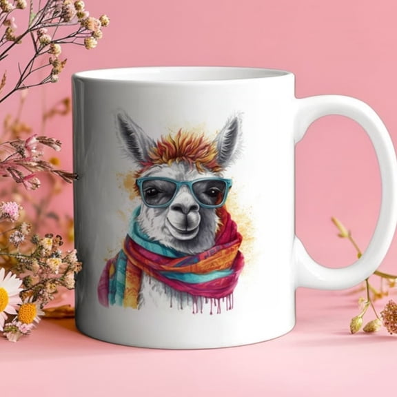 Llama Mug with Srf and Sungles, Ceramic Alpa Gift.