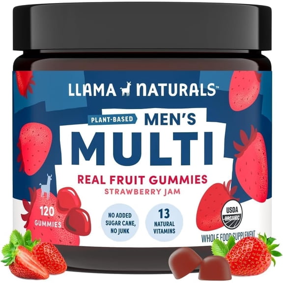 Llama Naturals Multivitamin for Men, Vegan, Organic Gummies with Vitamin D, C and K, Men's Real Fruit Gummy Vitamins, Chewable Multivitamin Supplement, No Added Sugar Cane, Strawberry, 120 Ct