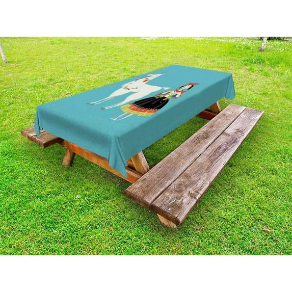 Llama Outdoor Tablecloth, Peruvian Woman Knitting with a White Alpaca Wrapped with Flower Colorful Illustration, Decorative Washable Fabric Picnic Table Cloth, 58 X 84 Inches,Multicolor, by Ambesonne