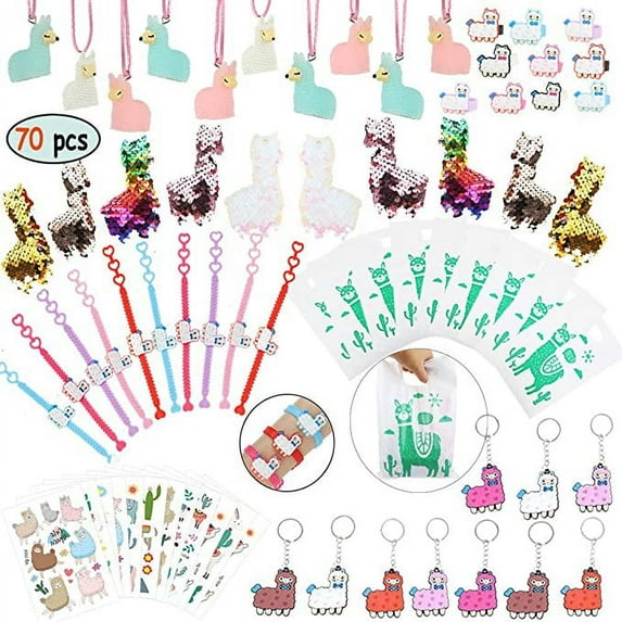 Llama Party Favors Supplies - Llama Bracelet Ring Necklace Keychains Hair Clips Puffy Sticker Gift Bag Alpaca Toys Gift for Kids Birthday School Prizes Rewards(60 pcs)