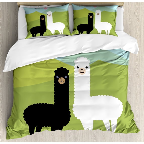 Llama Queen Size Duvet Cover Set, Alpacas in Love in the Mountains Argentina Fauna Animals with Contrasting Colors, Decorative 3 Piece Bedding Set with 2 Pillow Shams, Multicolor, by Ambesonne