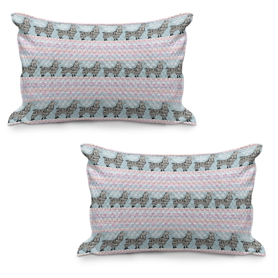Llama Quilted Pillowcover Set of 2, Horizontal Borders Patterned Alpaca Animal and Folkloric Ornaments, Standard Queen Size Pillow Cover for Bedroom, 36" x 20", Multicolor, by Ambesonne