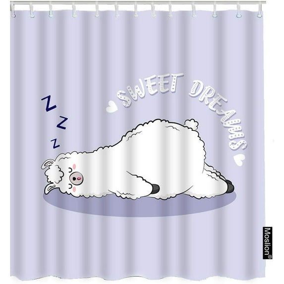 Llama Shower Curtain Set Cute Animal Sleeping Alpaca Sweet Dream Love Heart Shower Curtains Home Decorative Waterproof Polyester Fabric Hooks 72x72 Inch Purple White