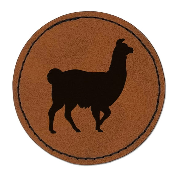 Llama Silhouette 2.5" Faux Leather Round Engraved Iron-On Patch - Brown