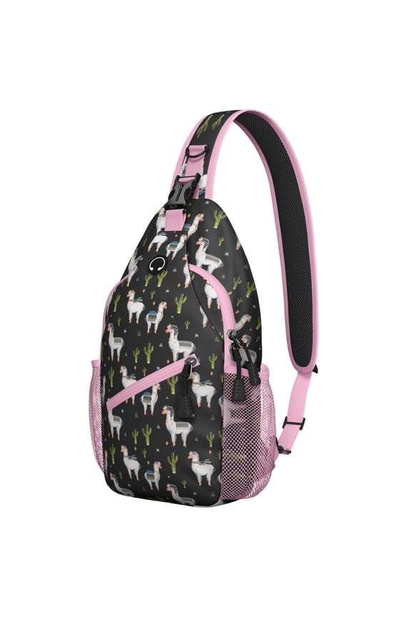 Llama Sling Backpack, Cute Kawaii Llama Face Cartoon Print Crossbody Bag, Adorable Alpaca Pattern for Travel and Outdoor Activities