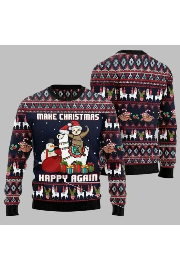 Llama Sloth Make Christmas Happy Again 3D Christmas Sweater