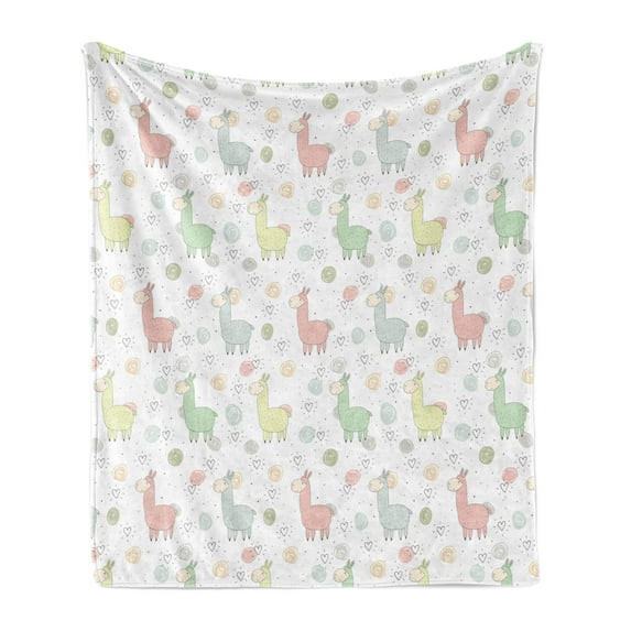 Llama Soft Flannel Fleece Blanket, Colorful Pattern of Llamas with Doodle Style Circles and Heart Shapes Cartoon Style, Cozy Plush for Indoor and Outdoor Use, 70" x 90", Multicolor, by Ambesonne