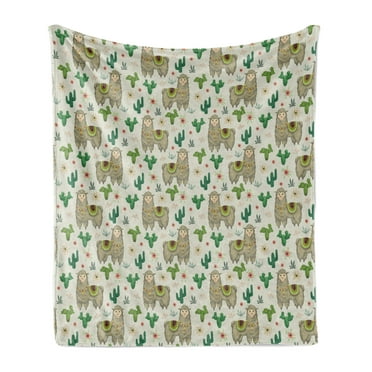 Llama Soft Flannel Fleece Blanket, Flora and Fauna of the South America Llama and Cactus Plants Hand Drawn Illustration, Cozy Plush for Indoor and Outdoor Use, 50" x 60", Multicolor, by Ambesonne