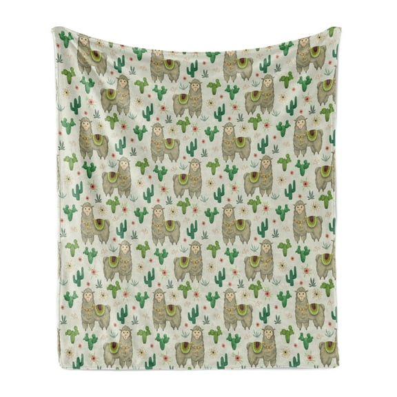 Llama Soft Flannel Fleece Blanket, Flora and Fauna of the South America Llama and Cactus Plants Hand Drawn Illustration, Cozy Plush for Indoor and Outdoor Use, 50" x 70", Multicolor, by Ambesonne