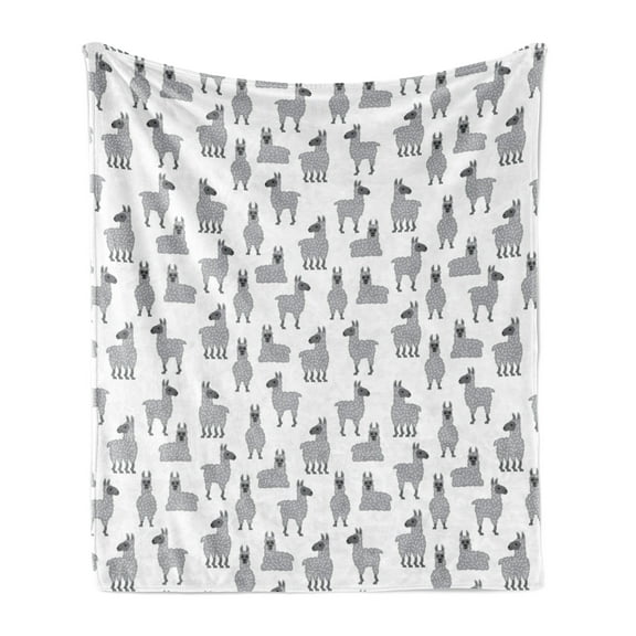 Llama Soft Flannel Fleece Blanket, Funny Alpacas Pattern South American Camels Hand Drawn Zoo Chile Animals Design, Cozy Plush for Indoor and Outdoor Use, 50" x 60", Grey and White, by Ambesonne