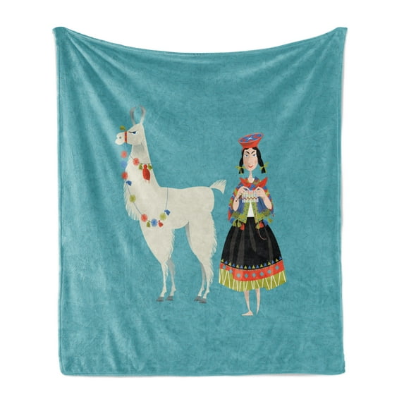 Llama Soft Flannel Fleece Blanket, Peruvian Woman Knitting with a White Alpaca Wrapped with Flower Colorful Illustration, Cozy Plush for Indoor and Outdoor Use, 50" x 70", Multicolor, by Ambesonne