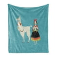 thumbnail image 1 of Llama Soft Flannel Fleece Blanket, Peruvian Woman Knitting with a White Alpaca Wrapped with Flower Colorful Illustration, Cozy Plush for Indoor and Outdoor Use, 60" x 80", Multicolor, by Ambesonne, 1 of 5