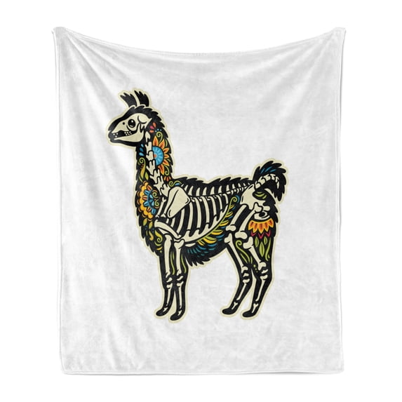 Llama Soft Flannel Fleece Blanket, Sugar Skull Style Alpaca Animal Skeleton and Colorful Floral Details Day of the Dead, Cozy Plush for Indoor and Outdoor Use, 60" x 80", Multicolor, by Ambesonne