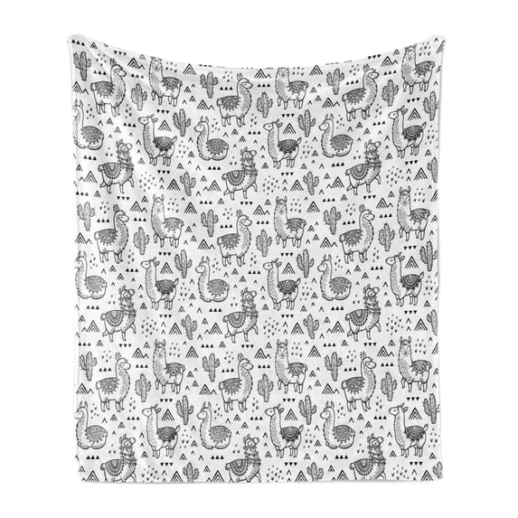 Llama Soft Flannel Fleece Throw Blanket, Abstract Triangles Doodle Style Alpacas in Monochrome Cartoon Pattern, Cozy Plush for Indoor and Outdoor Use, 70" x 90", White Charcoal Grey, by Ambesonne