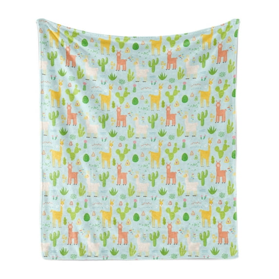 Llama Soft Flannel Fleece Throw Blanket, Camels Animals Doodle with Cactus and Tribal Geometric Kids Children Cartoon, Cozy Plush for Indoor and Outdoor Use, 60" x 80", Multicolor, by Ambesonne